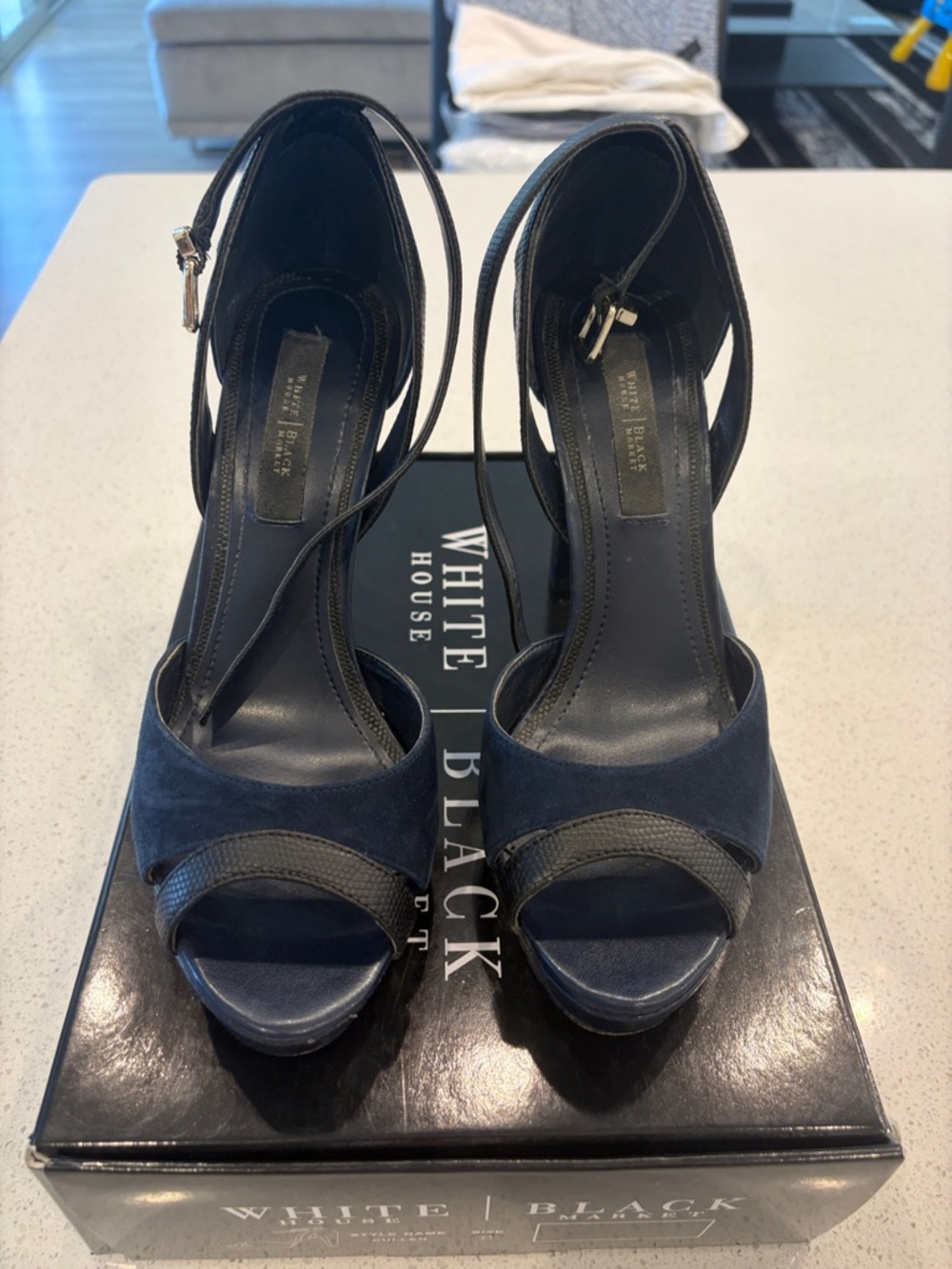 White House Black Market Navy Suede Open-Toe Ankle-Strap Heels